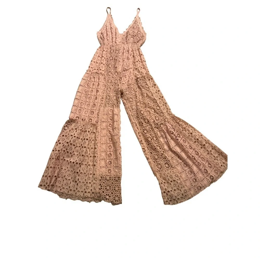 Free People FP One XS Pink Eyelet Lace‎ Wide Leg Jumpsuit Boho Festival